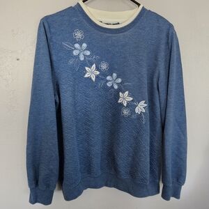 Vintage Women's Large Blue Floral Sweatshirt Double Neck Sequin Flowers Grandma